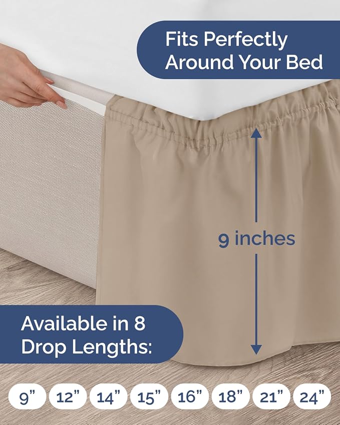 Wrap Around Dust Ruffle Bed Skirt - Cream - for Twin Size Beds w/ 9 Inch Drop - Easy Fit Elastic Strap - Adjustable Pleated Bedskirt w/Brushed Fabric - Wrinkle & Fade Free - Women, Men, Kids & Teens