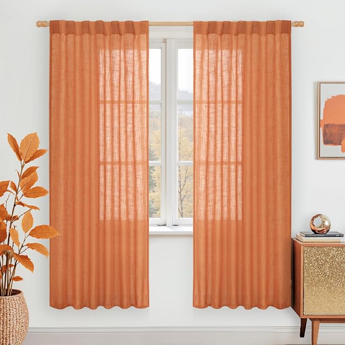 Burnt Orange 78 inch Sheer Linen Curtains for Living Room 2 Panels | Faux Linen Textured, Light Filtering, Semi Sheer, Rod Pocket Back Tab, Boho Panels for Farmhouse, Curtains for Bedroom