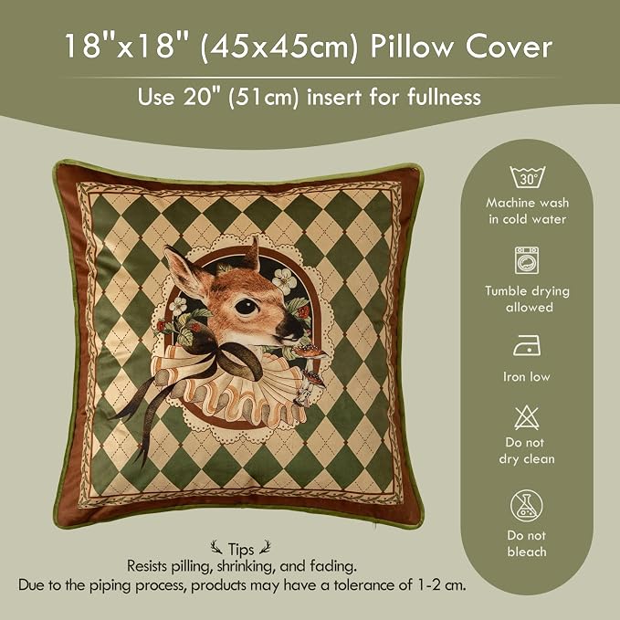 Vintage Christmas Pillow Cover 18x18, Checkered Deer | Designer High End Deer Pillow Cover, Green Velvet Throw Pillow Decorative for Couch Sofa Bedroom Home Holiday
