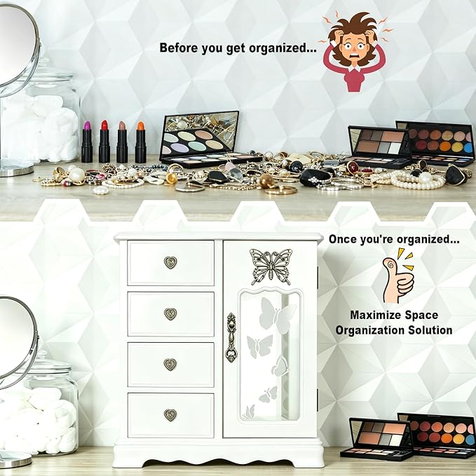 RR ROUND RICH DESIGN Solid Wood Jewelry Box for Women White | Vintage Butterfly Glass Door Jewelry Armoire with Mirror, 4 Drawers & Rotating Necklace Carousel