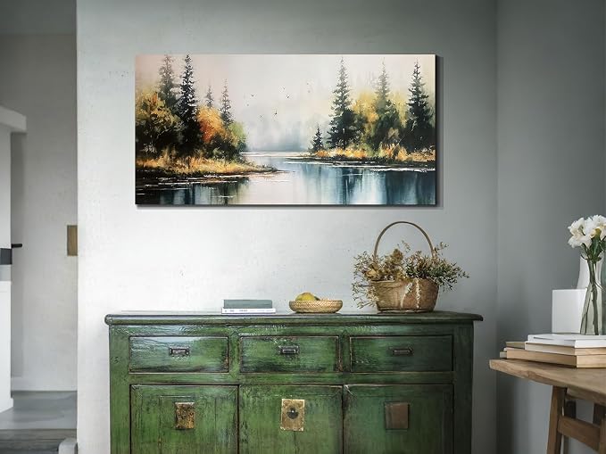 Arjun Forest Wall Art Canvas Landsacape Lake Painting Wall Decor 40"x20" | Wall Art for Living Room Bedroom, Textured Framed Large Picture Scenery Artwork Dining Room Kitchen Hallway Home Office