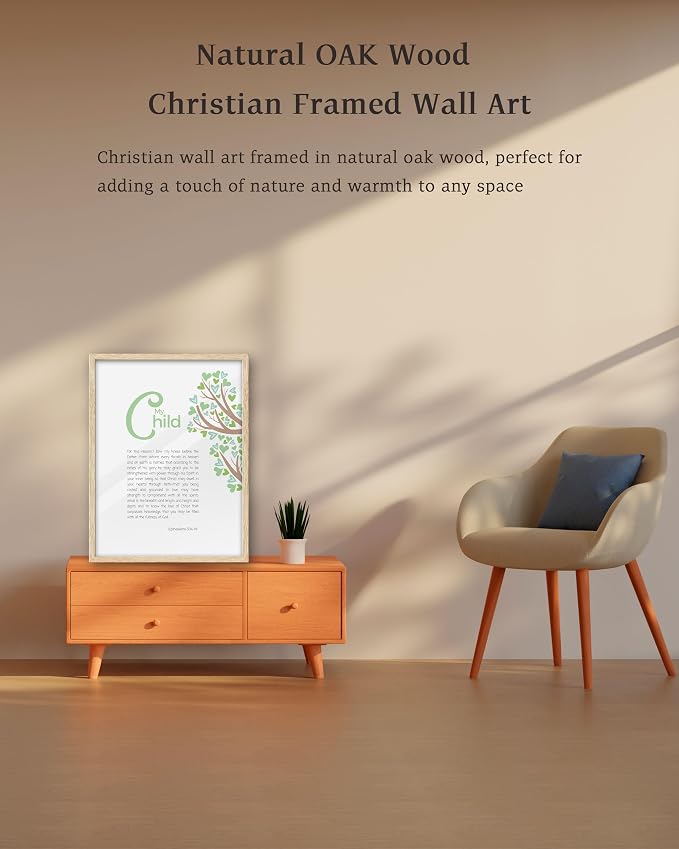 KensTro 12x16 Oak Framed Ephesians 3:14-19 Christian Wall Art | Natural Oak Wood Frame with Ephesians Prayer and Heart-Leaf Tree, Inspirational Scripture Decor for Bedroom or Prayer Space