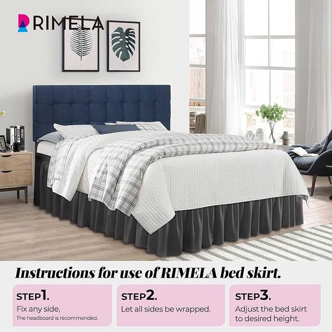 Dark Grey Bed Skirt Queen Size 12" Drop, Elastic Wrap Around Bedskirt | Solid ruffled, Wrap-around/elastic, Wrinkle & Fade resistant, with Adhesive Strips, Gift Packed, Machine Wash/Tumble Dry/Iron