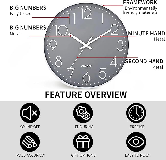 SIN&MI Wall Clock Silent & Non Ticking Modern Quartz Battery Operated Digital Quiet Sweep Office/Home/School/Kitchen Decor Clocks 9 Inch