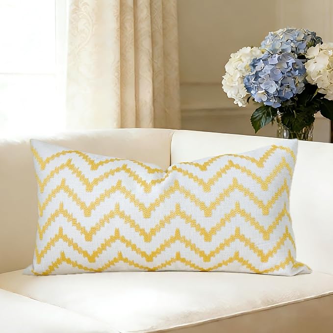Slow Cow Linen Embroidery Rectangular Pillow Cover Pillowcase Decorative Lumbar Throw Pillow Cover for Couch Sofa 12 x 20 Inches Yellow Gold
