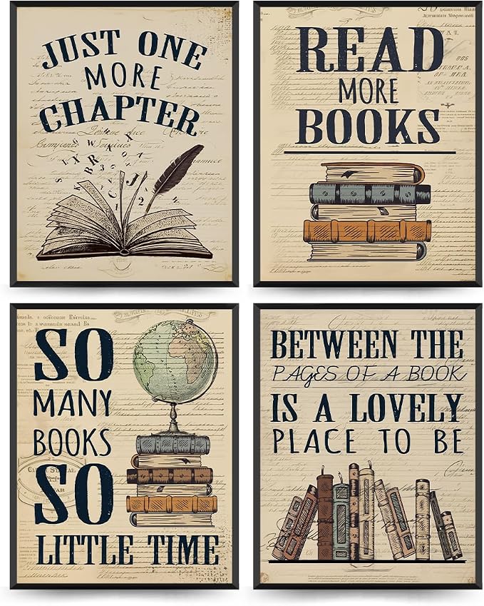 PLKMN Vintage Reading Posters for Library,Bookish Gifts | Book Club Decorations,Vintage Book Wall Art 8x10,Wall Decor for Reading Nook High School Classroom,Set of 4 Unframed