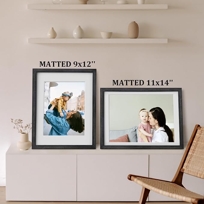 Egofine 12x16 Picture Frames Set of 4, Made of Solid Wood Covered by Plexiglass 9x12 and 11x14 with Mat or 12x16 without Mat, for Wall Mounting Photo Frame, Driftwood Black