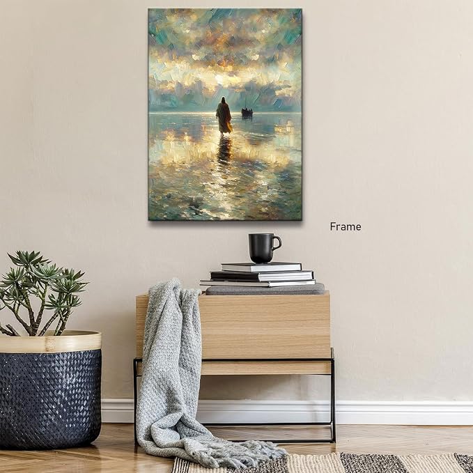 Framed Jesus Pictures for Wall God Canvas Wall Art Jesus Walking on Water Paintings print for Living Room Christian Art Decor Religious Posters Ready to Hang 12x16Inches