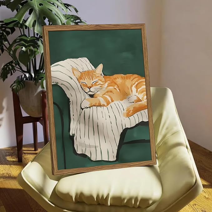 Funny Cat Wall Art Cute Cat Sleeping on Couch Wall Decor Painting Orange Pet Kitty Portrait Pictures Prints Contemporary Animal Canvas Artwork for Bedroom Living Room 12x16 inch Wood Framed