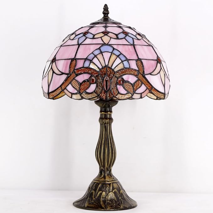 WERFACTORY Tiffany Lamp Bedside Pink Stained Glass Table Lamp 18 Inch Tall