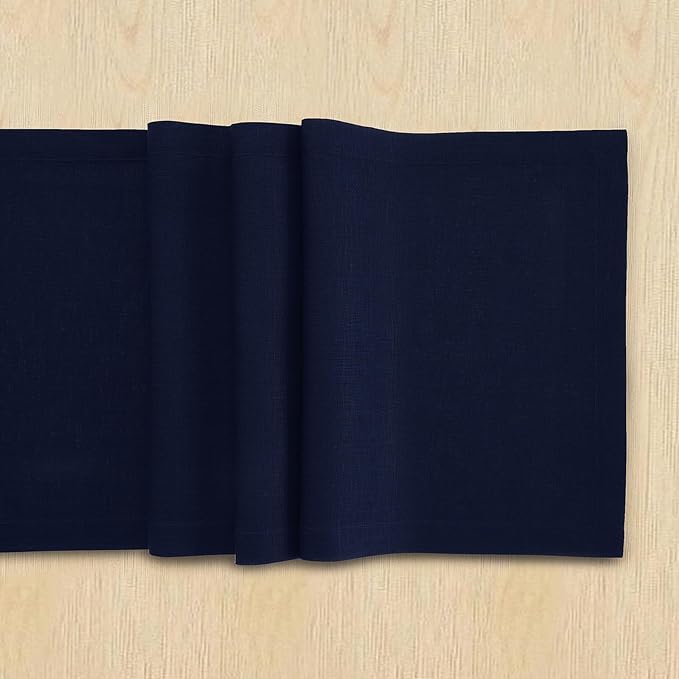 Solino Home 100% Pure Linen Dining Table Runner Navy Woven, Fete 14 x 60 in | brings a tailored look to family meals and hosting, European flax fibres, low iron finish, Navy, soft, OEKO-TEX Certified