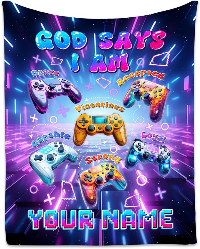 Personalized Gaming Throw for Boys, Soft Plush Fleece Kids Blanket for Living Room, God Says I Am Blanket for Kids, Gamer Room Decor Gift, 60"x80"