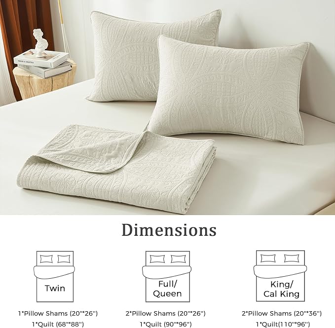 akkialla King/Cal King Quilt Set,Cream Lightweight Bedspread with Coin Pattern, Soft Microfiber Coverlet for All Seasons, Breathable and Skin-Friendly Fabric (1 Quilt, 2 Pillow Shams)