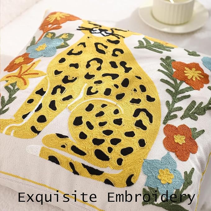 Embroidered Throw Pillow Covers 18x18 Pack of 2 Yellow Leopard Pillow Covers Green Leaves with Floral Pillowcases Boho Pillow Cushion Cases Square Flower Pillowcase Summer Home Decor