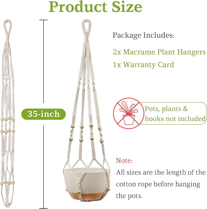 Macrame Plant Hanger - Fits 4-13 Inch Pots, Set of 2, Ivory