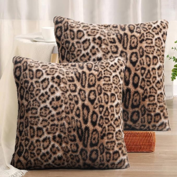cygnus Faux Fur Leopard Pillow Covers 18x18 Inch | Soft Plush Animal Print Throw Pillow Covers, Cheetah Decorative Pillowcase for Couch Sofa Bedroom Livingroom