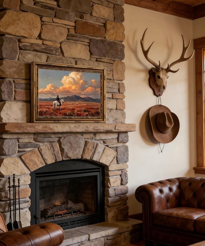 Vintage Gold Framed Wall Art Western Cowboy Wall Art Vintage Cowboy on Horse Wall Decor Picture Rustic Sunset Landscape Poster Print for Living room Bedroom Home Decoration 12x16in