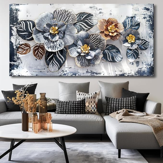 Large Floral Wall Art Decor Elegant Flower Framed Canvas Print Wall Décor for Living Room, Bedroom, Dining Room, and Home Office Modern Textured Ready to Hang - 24"x48"