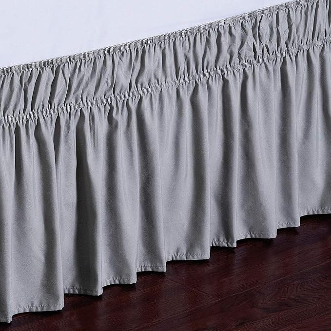 MEILA Wrap Around Elastic Bed Skirt for Twin & Full Beds, 24" Drop, Grey | Three-Side Adjustable Elastic Dust Ruffle, Ruffled Polyester Fabric, Easy to Install, Fade Resistant & Machine Washable