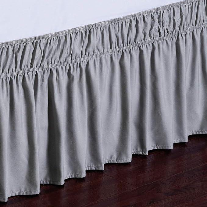 MEILA Wrap Around Elastic Bed Skirt for Twin & Full Beds, 18" Drop, Grey | Three-Side Adjustable Elastic Dust Ruffle, Ruffled Polyester Fabric, Easy to Install, Fade Resistant & Machine Washable