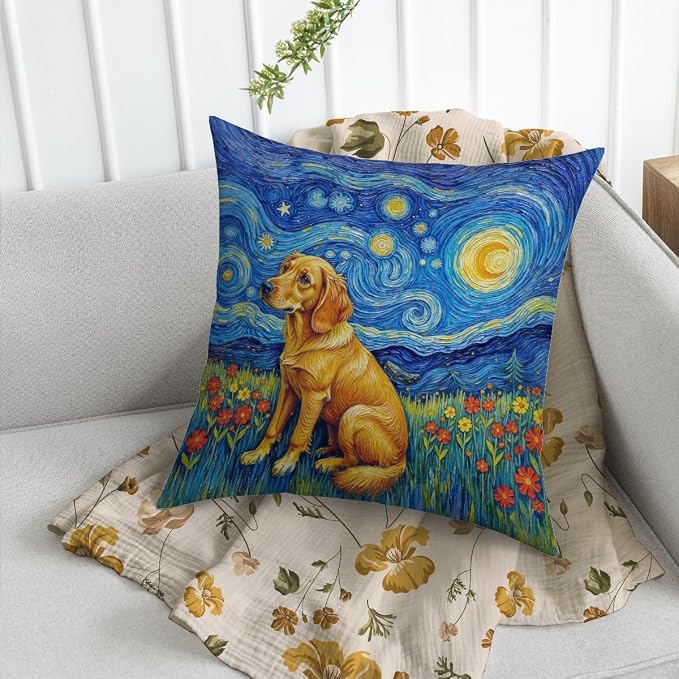 Fokongna Decorative Pillow Covers Vincent Van Gogh's The Starry Night, with a Golden Retriever in a Grassy Field Full of Blooming Flowers for Couch Home Bedroom Living Room 18 x 18 Inch Pillow Covers