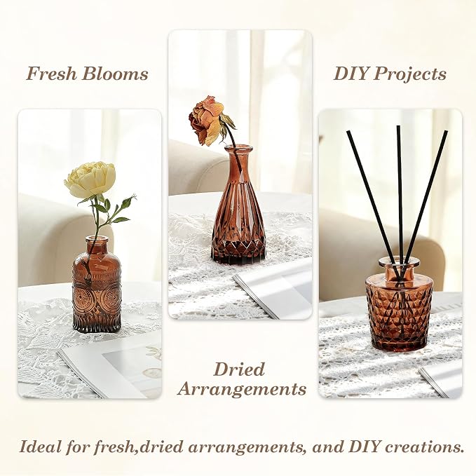 TBWIND 12-Piece Glass Bud Vase Set – Small Caramel Coffee Brown | Etched Glass Vases with Unique Shapes and Weighted Base for Windowsills, Bathrooms, and Table Centerpiece Décor