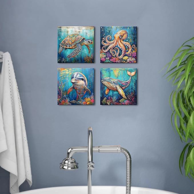 Beach Animal Wall Art Sea Turtle Bathroom Wall Decor Watercolor Octopus Whale Dolphin Pictures Canvas Prints Ocean Nursery Paintings Abstract Coastal Marine Life Posters Artwork Decoration 12x12" 4P