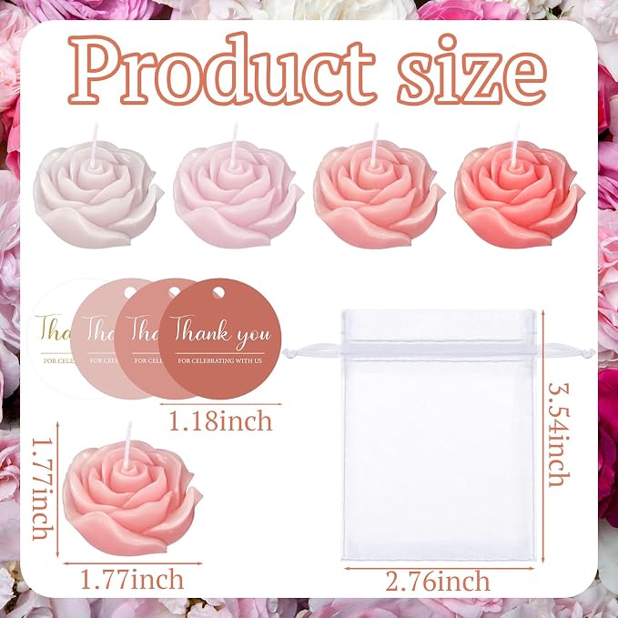 Treela 50 Set Rose Flower Candles, Pink Champagne Wedding Favors for Guests