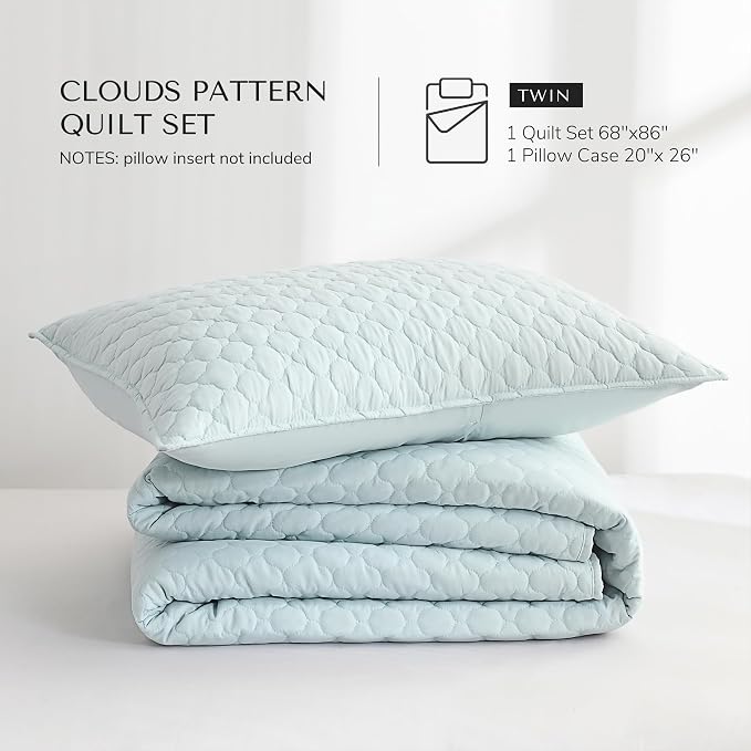 HORIMOTE HOME Quilt Twin Size Aqua Blue, Lightweight Quilt for Summer Ultra-Soft Microfiber Modern Style Quilted Clouds Pattern Bedspread Quit Set 2 Pieces (1 Quilt and 1 Pillow Sham)
