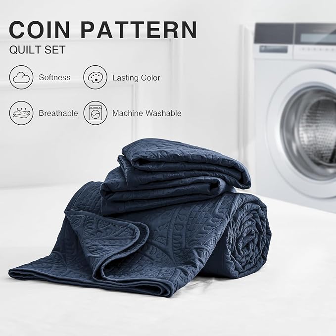 Love's cabin Twin Quilt Set Navy Blue Bedspreads - Soft Bed Summer Lightweight Bedspread Comforter - Modern Style Coin Pattern Coverlet for All Season - 2 Pieces (1 Quilt, 1 Pillow Sham)