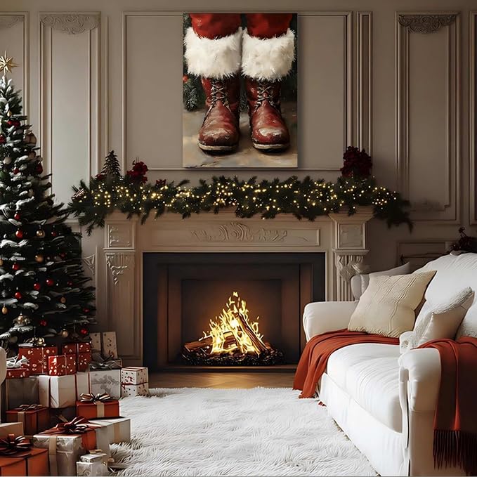 Framed Christmas Boots Wall Art 8x12inch– Rustic Winter Canvas Prints for Home Wall Decor – Farmhouse Red Christmas Pictures Wall Hanging for Living Room & Bedroom, Bathroom