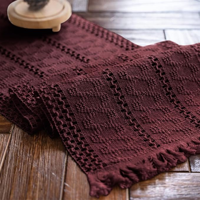 Macrame Table Runner Burgundy Boho Table Runners with Tassels 12x71in | Alynsehom Hand Woven Cotton Table Runner Rustic Farmhouse Table Runners for Bohemian Kitchen Dining Table