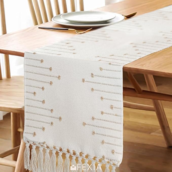 FEXIA Boho Table Runner for Home Decor 12x90 Rustic Macrame Decoration | 90 Inches Long with Tassels Rustic Table Runner Macrame Burlap Centerpieces for Living Dining Room Bedroom for Baby Shower