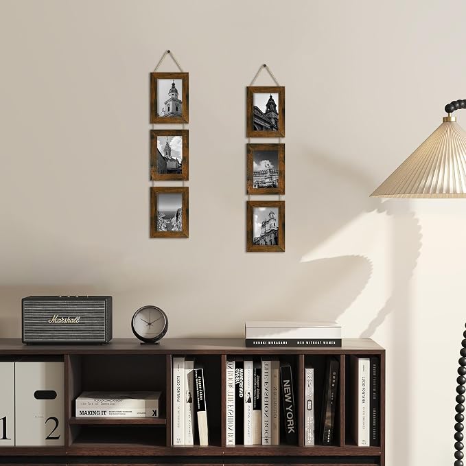 4x6 Collage Picture Frames Set of 2, Rustic Wooden Real Glass Vertical Hanging 3 Opening 4 by 6 Photo Frame, Brown