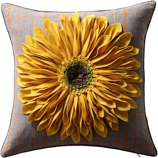 OiseauVoler 3D Sunflower Throw Pillow Covers Yellow Plaid 18 x 18 Inch | Handmade Decorative Pillowcases Gingham Yellow Vintage Floral for Home Bed Living Room Decor Dog Hair Resistant Indoor