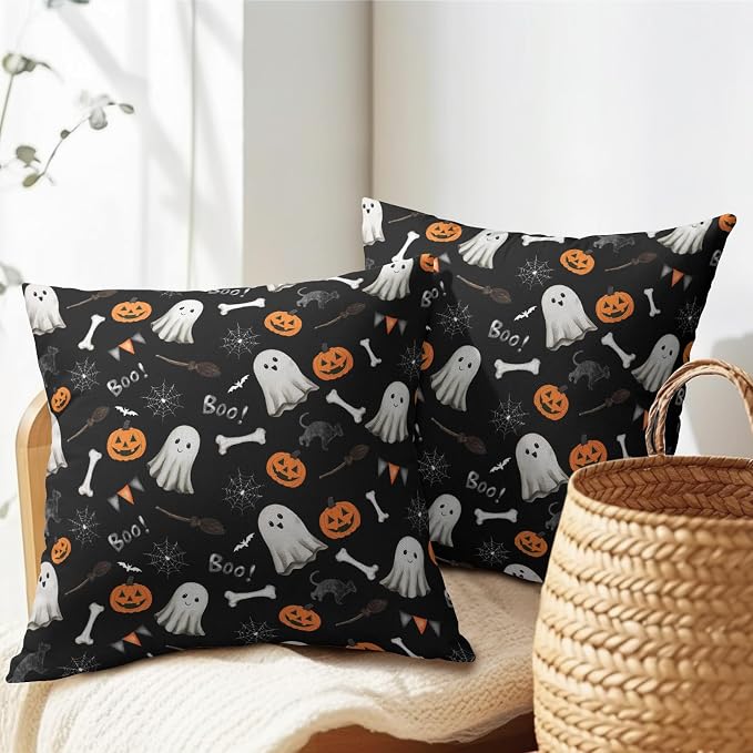 Halloween Throw Pillow Covers 16X16 Inch 2 Packs Boo Cute Ghost Orange Pumpkins Bat Web Decorative Black Pillow Cases Holiday Cotton Linen Cushion Cover for Home Sofa Porch Outdoor Decor