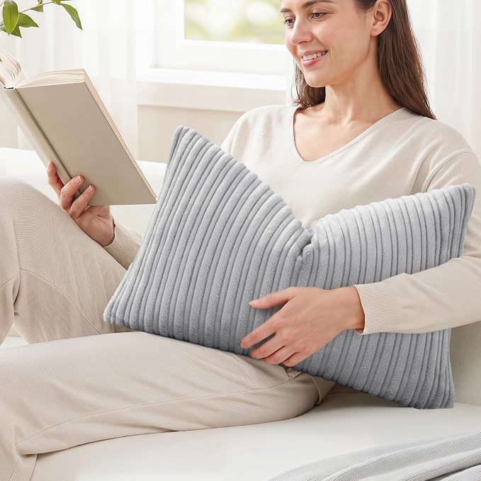 Kevin Textile Striped Corduroy 12”x20” Pillow Cover 1 Pack, Light Grey