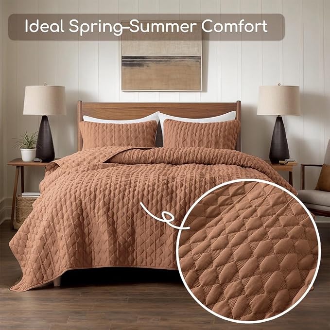 WDCOZY Burnt Orange Quilt King Size Bedding Sets with 2 Pillow Shams, Red Lightweight Soft Bedspread Coverlet, Quilted Blanket Thin Comforter Bed Cover for All Season, 3 Pieces, 104x90 inches