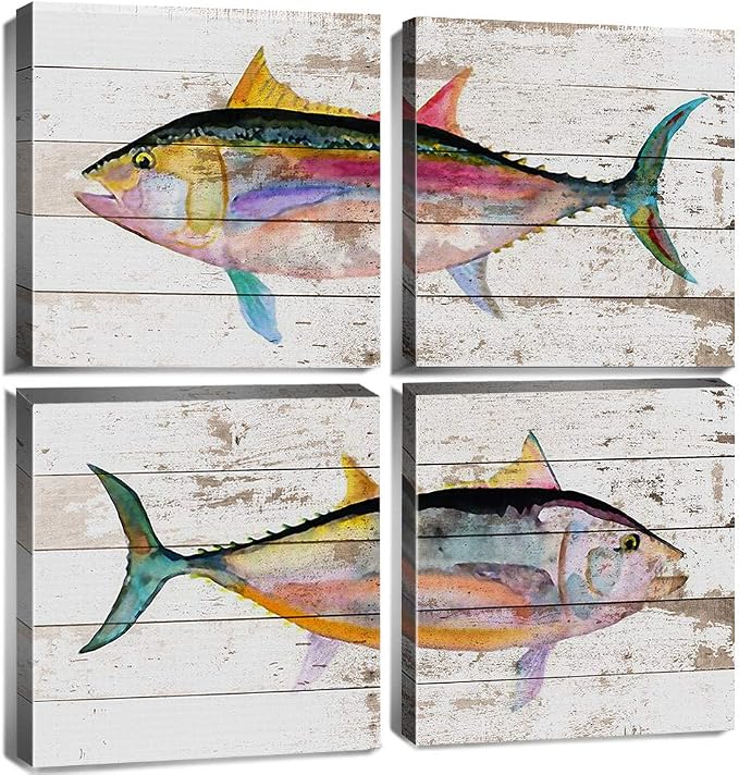 Tuna Fish Wall Decor Ocean Canvas Art Beach Bathroom Coastal Decor Rustic Fish Pictures Kitchen Nautical Sea Animal Painting Marine Life Artwork for Bedroom Dinner Room Modern Home Decorations 16x16"