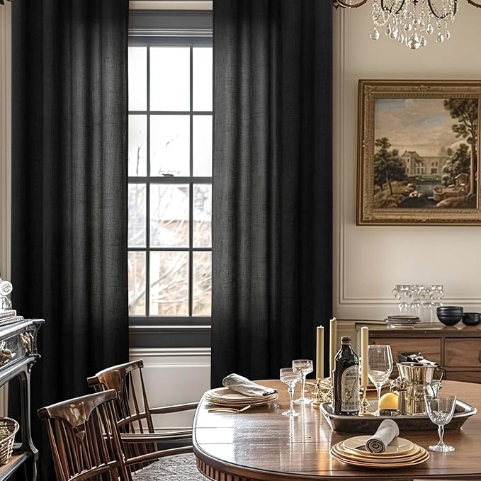 YoungsTex Black Linen Semi Sheer Curtains 52 X 72 Inch Length 2 Panels | Light Filtering Drapes with Rod Pocket Back Tab Gothic Decorative for Bedroom Dining Living Room