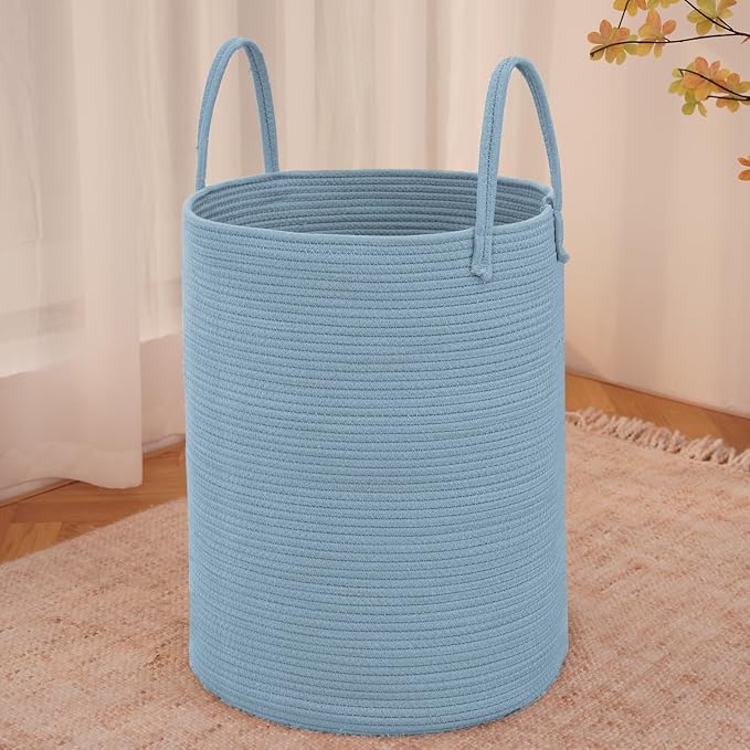 JMvicyroam 60L Cotton Rope Laundry Basket Hamper, Blue | Collapsible laundry basket, reinforced handles, freestanding, machine washable, holds 3-5 thick blankets, clothes or toys