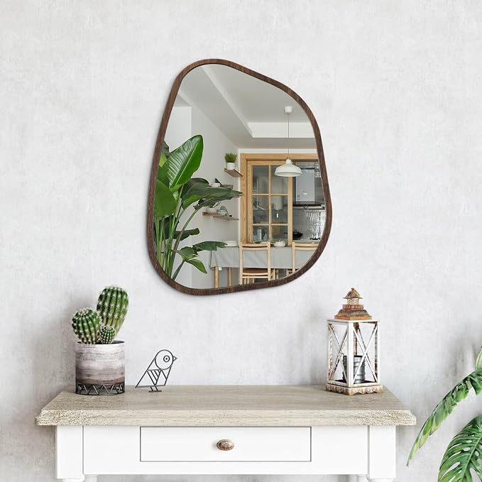 Irregular Asymmetrical Mirror Wall Mounted, Unique Vanity Mirror, Shaped Dressing Mirror Decorative for Living Room, Bathroom, Bedroom, Entryway Wall Decor Brown 20"x16"
