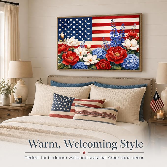 American Flag Framed Canvas Wall Art, 4th of July Floral Canvas Prints | Wildflower Landscape Poster Print, Vintage Rustic Independence Day Wall Decor for Bedroom Living Room Office 8×10in