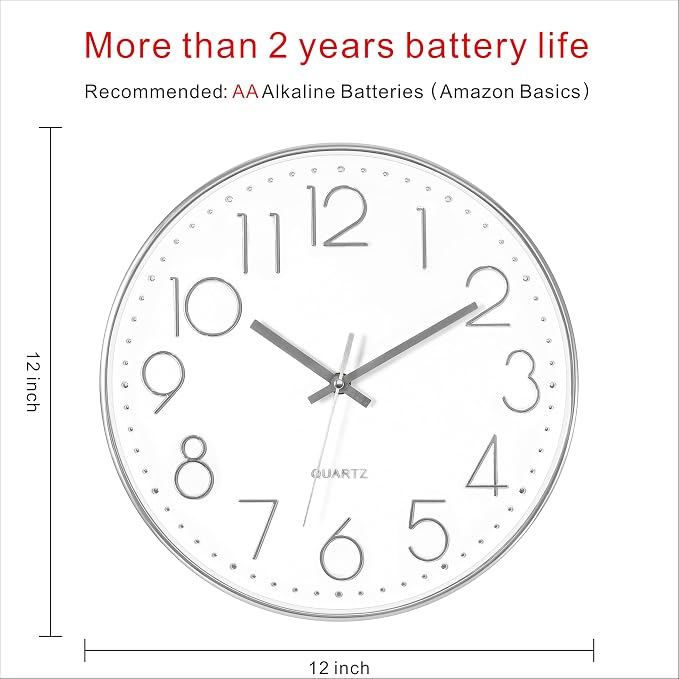 Foxtop 12" Modern Wall Clock Silent Battery Operated Analog Clock, Silver | Non Ticking, Quartz, Round, Easy to Read, Bedroom, Kitchen, Living Room, Office