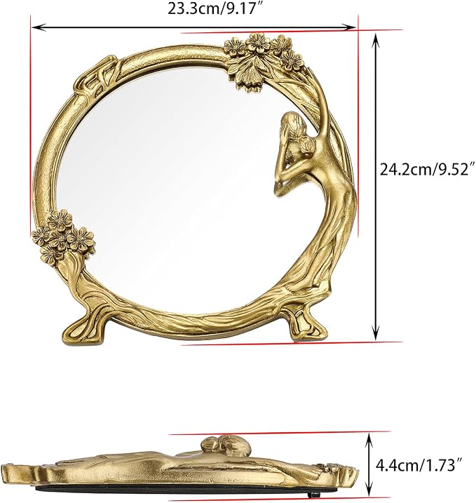JUXYES Small Wall Mirror Decor Retro Gold Resin Beauty Girl Wall Mirror | Vintage Cosmetic Mirror with Decorative Frame - A Girl Looking In the Mirror, Unique Elegant Wall Mirror Gift for Women Girls
