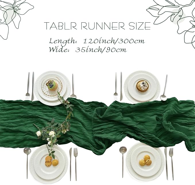 IVAPUPU Emerald Green Table Runner 120 Inch for Christmas Party Home Decor | 4 Pcs Boho Gauze 10FT Cheesecloth Table Runners for Wedding Baby Shower Decorations Summer Garden Farmhouse