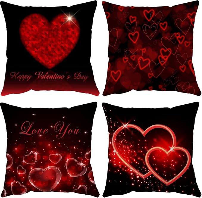 YeeJu Happy Valentines Day Pillow Covers 18x18 Set of 4 Red Love Heart Gnome Pillow Cases Velvet Wedding Anniversary Love You Cushion Covers for Outdoor Couch Sofa Decoration(18 Inch)