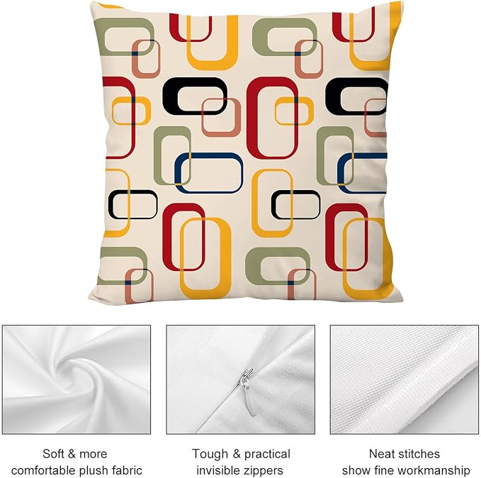 Mid Century Modern Throw Pillow Covers Set of 2, Retro Decorative Pillow Cases for Couch Sofa Living Room Bed Chair Decor 18"x18", Vintage Outdoor Cushion Cover