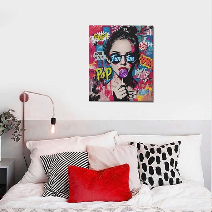 Fashion Women Wall Art Glam Modern Artwork for Girls Banksy Street Graffiti Pop Art Canvas Pictures Painting Print Framed Decorations Gifts for Bedroom Living Room Office 20"x24"