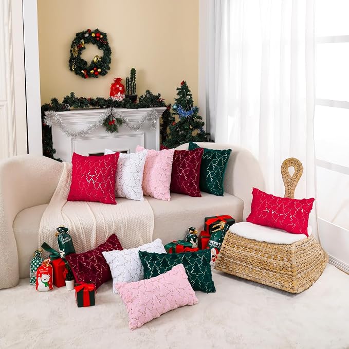 VAKADO Christmas Pink Throw Pillow Covers 18x18 Set of 2 Embroidered Decorative Xmas Cushion Cases Holiday Soft Home Decor for Bedroom Sofa Chair Porch Winter